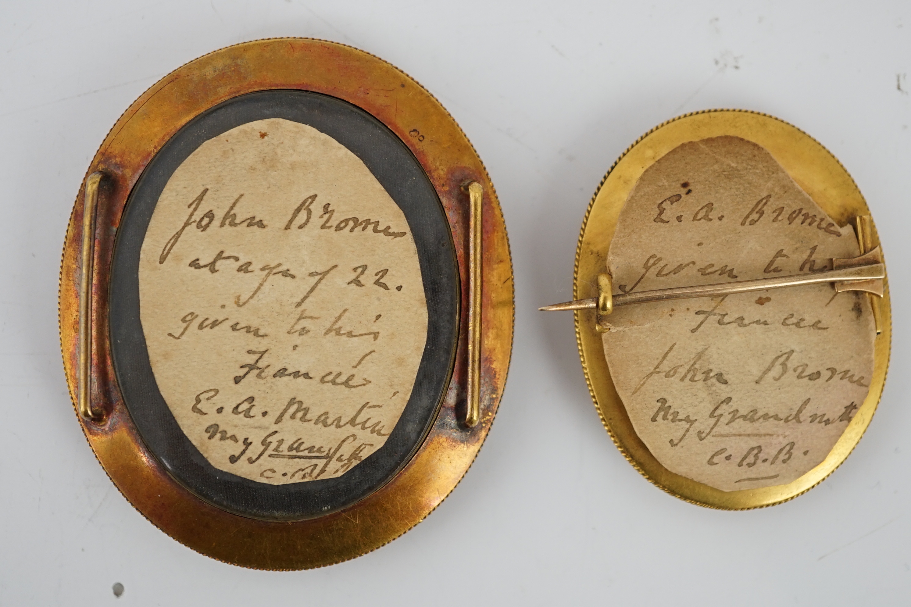 English School circa 1800, Portrait miniatures of John and Elizabeth Brome, oil on ivory (2), 4.6 x 3.8cm. & 3 x 2.3cm. CITES Submission reference 8CK25C1N